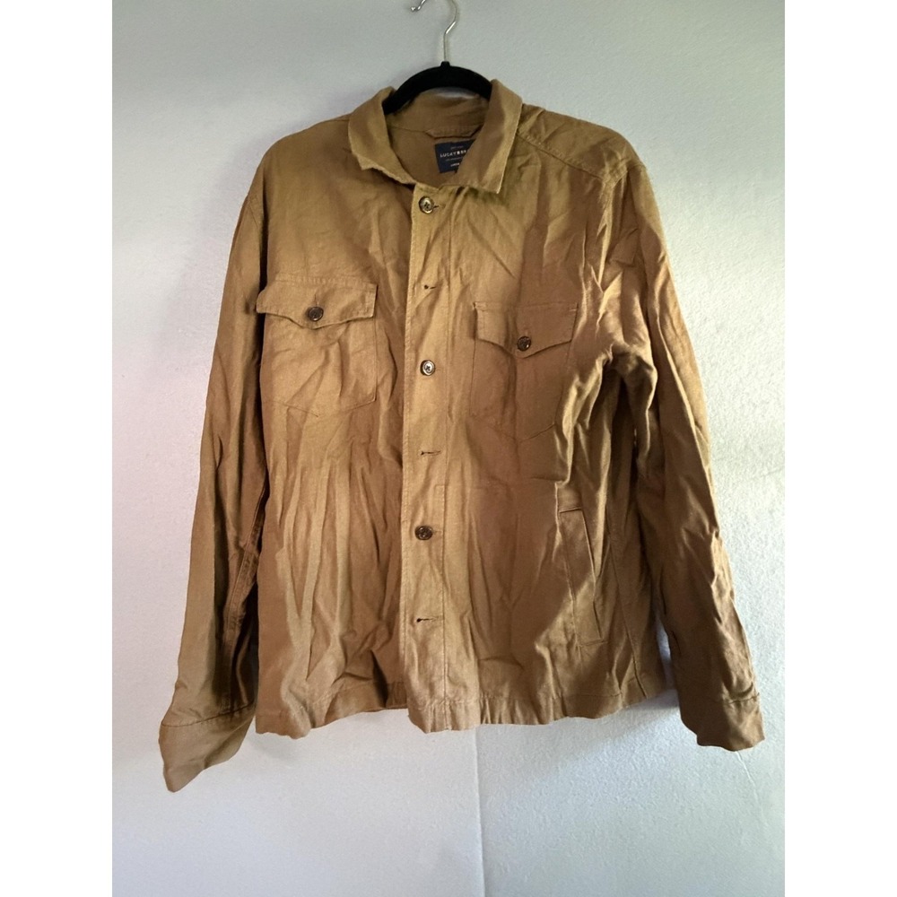 Lucky Brand Jacket Mens Medium Beige Linen Blend Military Shirt Shacket